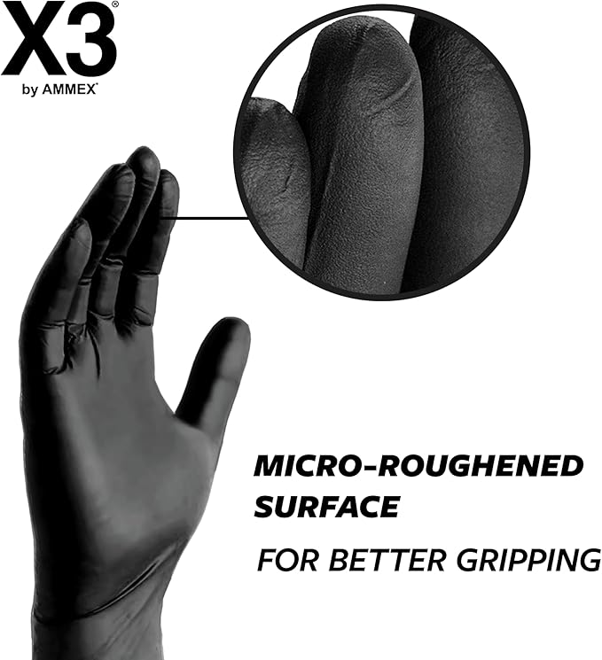 X3 Black Gloves, Disposable, Latex Free, Nitrile, for Cooking, Food Prep, 3 Mil, Powder-Free, Sizes Small through XX-Large