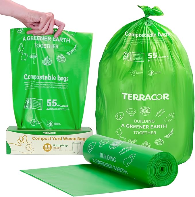 55-60 Gallon Compostable Trash Bags Liners, Heavy Duty Extra Thick 1.57 Mil, 208.2 Liter, 12 Bags, Lawn, Yard, and Restaurant Use, ASTM D6400, US BPI Certified