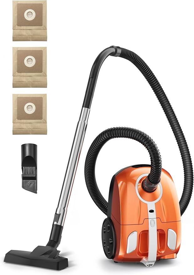 Bagged Canister Vacuum Cleaner, Canister Vacuum Cleaners for Home, Automatic Cord Rewind, Portable Corded Vacuum Cleaner with 3 Replacement Bags for Hard Floors, Pet Hair, Carpet and Upholstery