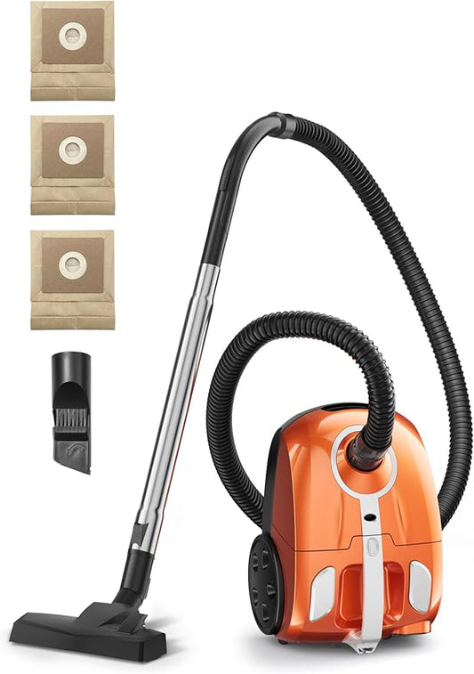 Bagged Canister Vacuum Cleaner, Canister Vacuum Cleaners for Home, Automatic Cord Rewind, Portable Corded Vacuum Cleaner with 3 Replacement Bags for Hard Floors, Pet Hair, Carpet and Upholstery