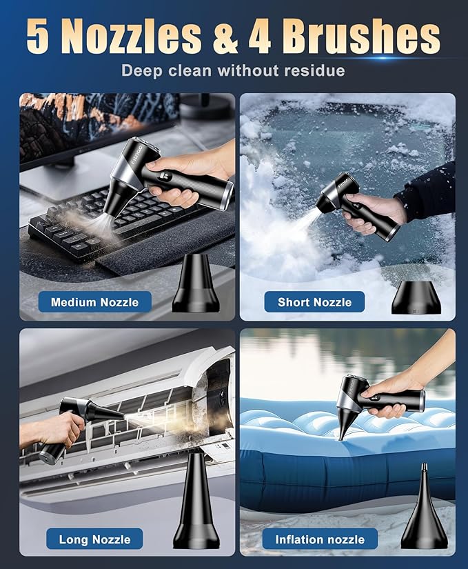 Compressed Air Duster-310,000RPM Cordless Air Blower with LED Light, 4 Gear Adjustable Turbo Fan, Super Power Electric Air Duster for Computer, Keyboard, Outdoor, House and Car