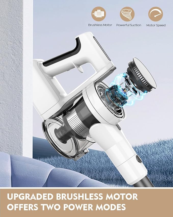 Comvtu Cordless Vacuums, 80,000PRM Powerful Motor Vacuum Cleaner and 2200mAH Rechargeable Battery up to 35 Mins Worktime, 2 Adjustable Modes, Detachable Parts, Wireless Stick Vacuum (Icicle White)