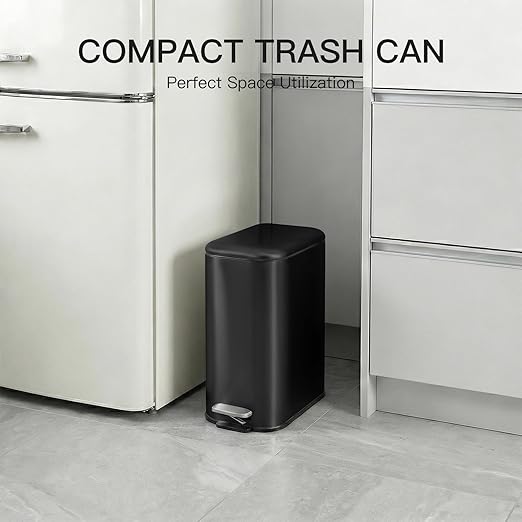 Garvee Bathroom Trash Can with Lid, 1.3 Gallon / 5 Liter Stainless Steel Garbage Can with Removable Liner Bucket, Small Step Wastebasket with Slim Design for Toilet Bedroom Office, Black