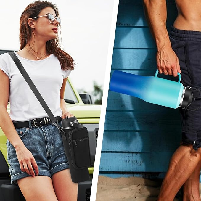 32oz Insulated Water Bottle - with Straw & Spout Lid, Strap Carrier Bag, Cold-48H & Hot-24H, Stainless Steel Travel Tumblers with Handle, Reusable Slim Water Bottle that Fits in Cup Holder