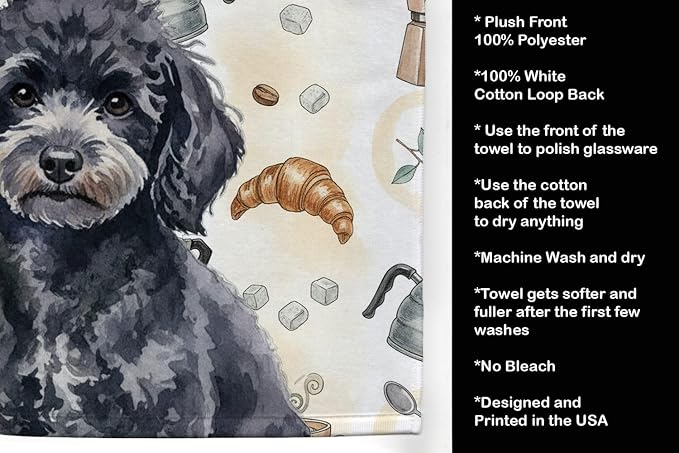Caroline's Treasures Toy Black Poodle Coffee Bar Kitchen Towel Velour Plush Front and Cotton Loop Back Machine Washable
