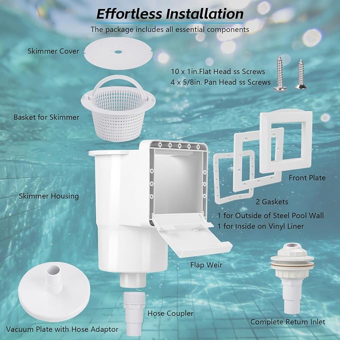 SP1091LX Universal Above Ground Pool Skimmer Kit, 6-Inch Thru-Wall Surface Skimmer Replacement for Hayward SP1090, SP1091ES, SP1095ES, Complete Set with Basket, Weir Door and Accessories