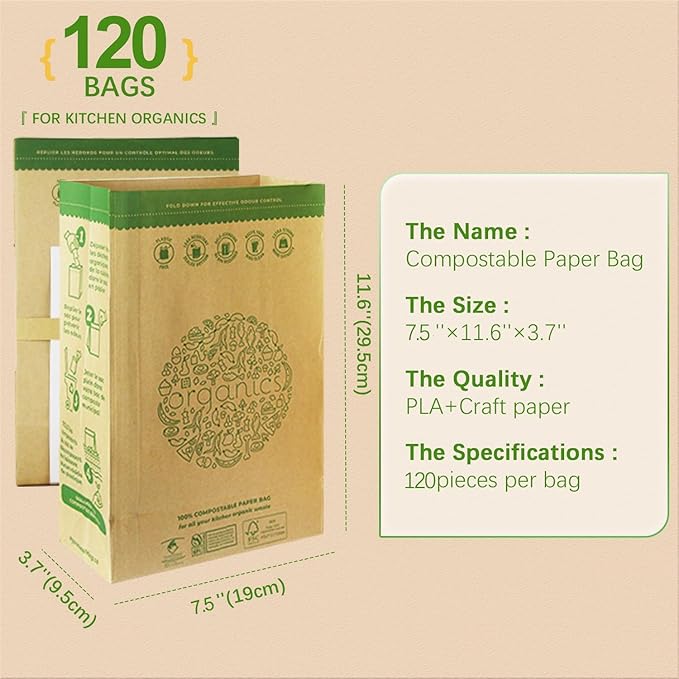 HYTREND-Kitchen Food Waste Bag-120 Bags-%100 Compostable paper Bag - Leak Resistant - Small-Certified by BNQ and BPI,CMA-I,CMA-W