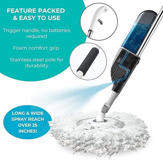 True & Tidy® White Clean Everywhere Spray Mop Kit with Three Interchangeable Heads and Refillable Tank- Includes Head, Round, and Window Squeegee Attachments with StickyPro XL Lint Roller