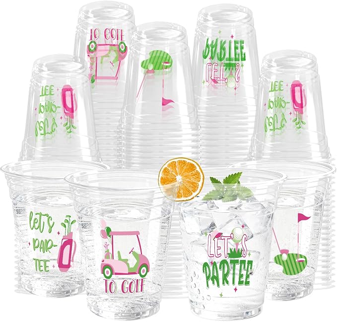 100 Pack Pink Golf Plastic Cups 12 oz Green Golf Ball Disposable Cups Spring Party Favor Drinking Cold Beverage Cup for Sports Birthday Party Supplies