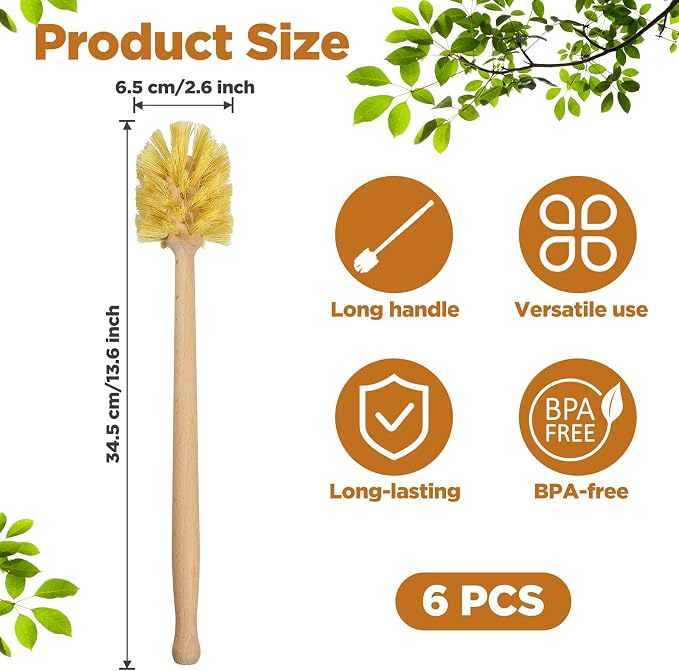6 Pcs Natural Wooden Bottle Brush with Sisal Bristles, Long Beechwood Handle Bottle Brush Cleaner for Cleaning Bottles, Wide Mouth Mugs, Jars, Glasses, Dishes, Vases, Pitchers, 13.6 x 2.6 Inches