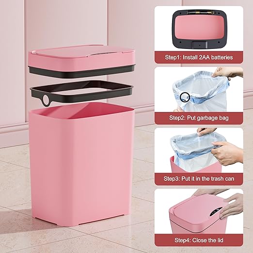 Vanpopubs 2 Pack 2.7 Gal Bathroom Trash Can with Lid, Automatic Trash Can Small Smart Garbage Can Touchless, Slim Motion Sensor Waterproof Plastic Trash Bins for Bedroom Office Kitchen Toilet Pink