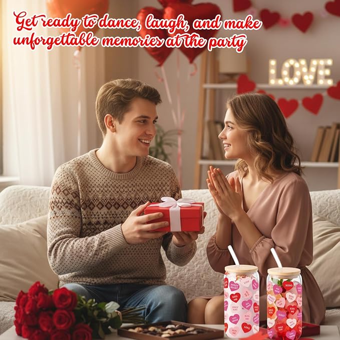 Sliner 2 Pcs Heart Glass Cups Valentines Galentines Day Tumbler 16 oz Iced Coffee Cup Drinking Glasses with Lid Straw Cute Beer Can Tumbler Holiday Gifts for Home Office Decorations