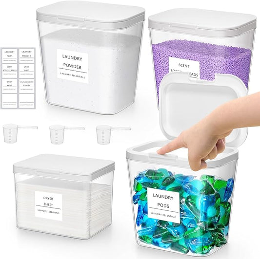 Lifewit 3 Pack Laundry Pods container with Labels and Measuring Scoops, Laundry Room Organization and Storage for Booster Beads with Labels and Measuring Scoops