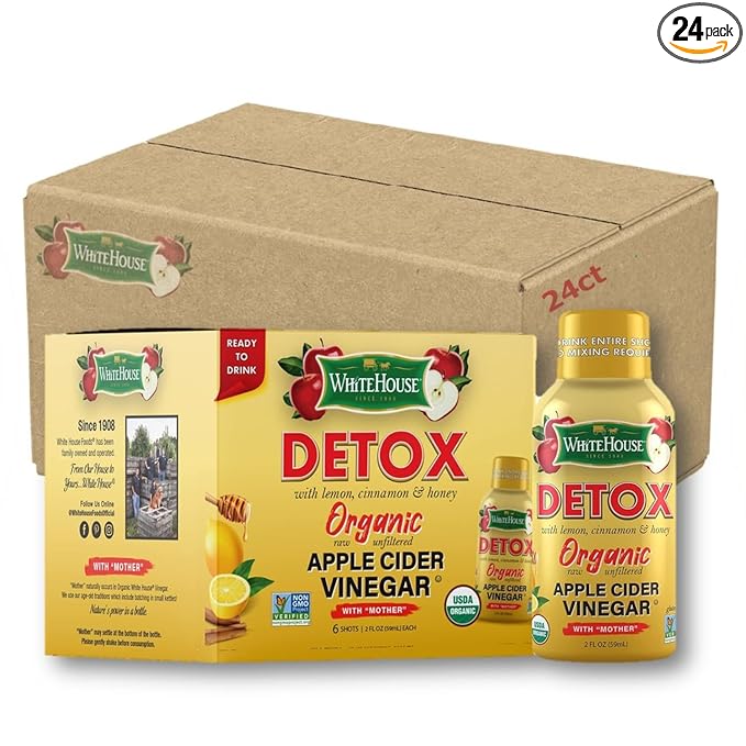 White House Detox Apple Cider Vinegar Shots, Raw Unfiltered, On the Go (Detox, Pack of 24)