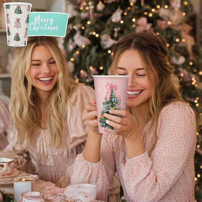 36 Sets/ 108 Pcs Pink Bow Christmas Tree Paper Cups 16 oz Disposable Coffee Cups with Lids and Sleeves Xmas Hot Cocoa Coffee Mug for Cold Drinks Hot Chocolate Christmas Party Supplies