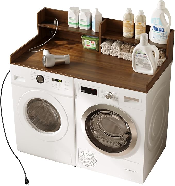 Washer Dryer Countertop with 2 Adjustable Shelves and Charging Station, 53.94" x 27.56" Laundry Countertop for Washer and Dryer, Laundry Room Storage Organizer, Walnut