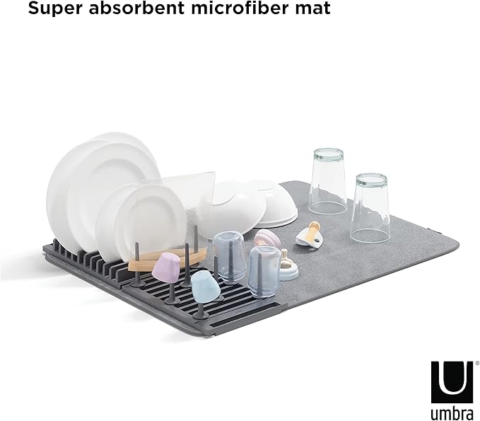 Umbra Udry Dish Rack with Movable Pegs and Microfiber Drying Mat – Space-Saving Design Folds Up for Easy Storage, Basic Rack, Dark Grey