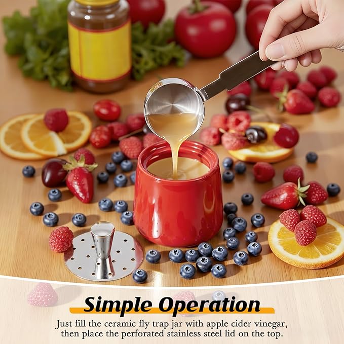 Ceramic Fruit Fly Trap for Indoors, Reusable Kitchen Fly Catcher with Stainless Steel Vent Lid, Uses Safe & Natural Vinegar Bait Trap, Dishwasher Safe, Easy to Use(Red,1 Pack)