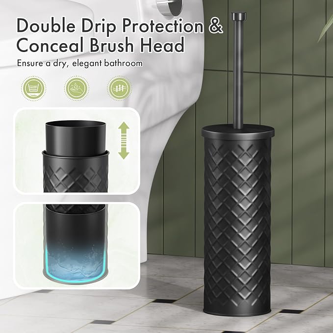 Toilet Bowl Brush and Holder Set 3 Pack with 6 Extra Brush Heads | Extra Long Handle with Splash Guard Cover, Tool-Free Installation, Bathroom Space-Saving, Cleaner Sets for Apartments, RV (Black)