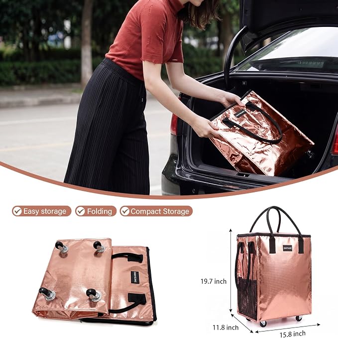 Reusable Hauler Rolling Tote Bag, Collapsible Portable Shopping Bag with Wheels for Groceries, Apartments Laundry, Organization,Heavy Duty Utility Tote Bag for Travel Moving, 75lbs, Rose Gold