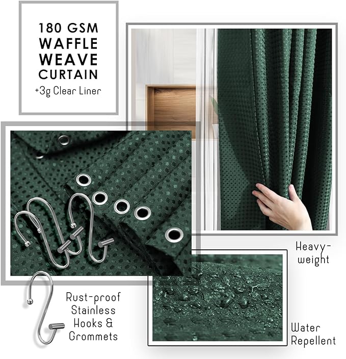 Clara Clark Bathroom Accessories Set - Bathroom Set with Adhesive Corner Shower Caddy Hanging, 25PC Bathroom Accessory Set, Hunter Green Shower Curtain Set, Toilet Brush, Trash Can & Soap Dispenser