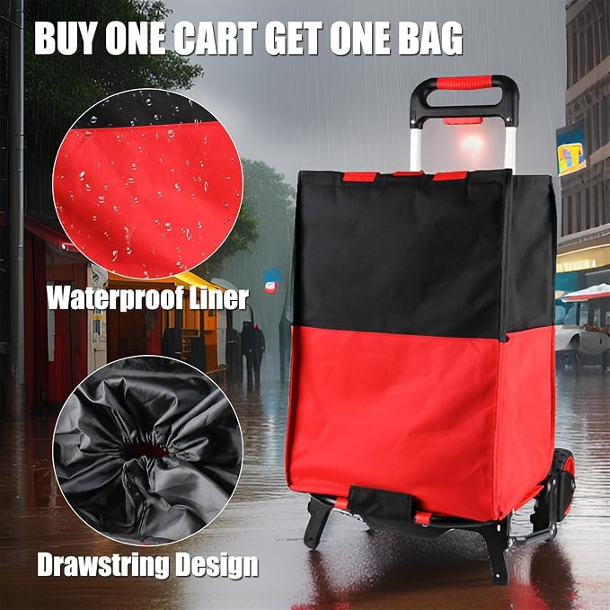 APOXCON Folding Shopping Cart with Removable Waterproof Bag and Bungee Cord, Heavy Duty Push Cart with Mute Wheels, Portable Hand Truck for Shopping, Groceries, Travel and Office Use