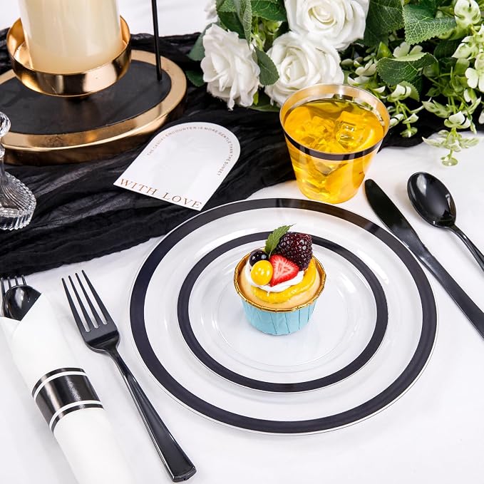 Liacere 350PCS Clear Black 350PCS Disposable Dinnerware Set for 50 Guests- 100 Plastic Plates, 50 Pre rolled Black Silverware,50 Plastic Cups for Wedding & Party & Graduation& 4th of July