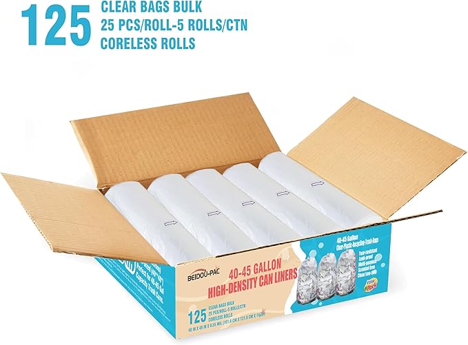 BEIDOU-PAC 40-45 Gallon Lawn & Leaf Trash Bags, 125 Count Bulk, Heavy Duty Clear Plastic Recycling Bags, Multi-purpose Garbage Bags for Home Commercial, Outdoor, Construction, Industrial