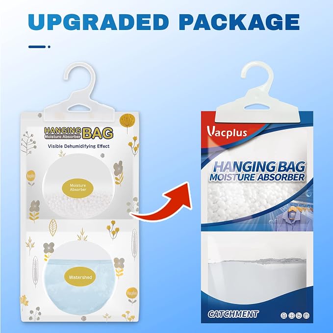 Vacplus Moisture Absorbers 30 Pack, Fragrance Free Hanging Humidity Packs with Sturdy Hook, Effective Closet Dehumidifier for Bathroom, Laundry Room, Basement, 9.8Oz