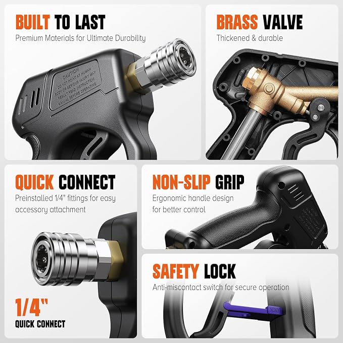 Pressure Washer Gun, Short Pressure Washer Gun for Car Washing Car Detailing 4500 PSI 5 Spray Nozzle M22-14mm & 3/8" Connect 1/4" Quick Connector Coupler for Foam Cannon
