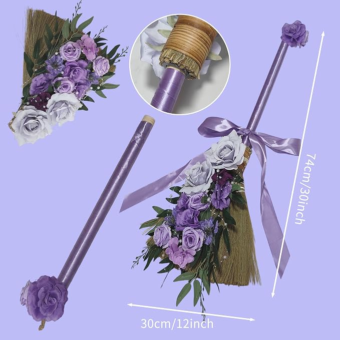 Wedding Broom DIY Purple Jumping Broom for Wedding Ceremony 28 inch Tall Whisk with Artificial Roses/Green Leaves/Ribbons/Pearl