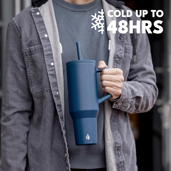 Elemental 40 oz Tumbler with Handle and Straw - Spill Proof Insulated Stainless Steel Commuter for Cold Beverages - Travel Coffee Mug with 2 Straws & Spill Proof Lid - 40oz - Navy Blue