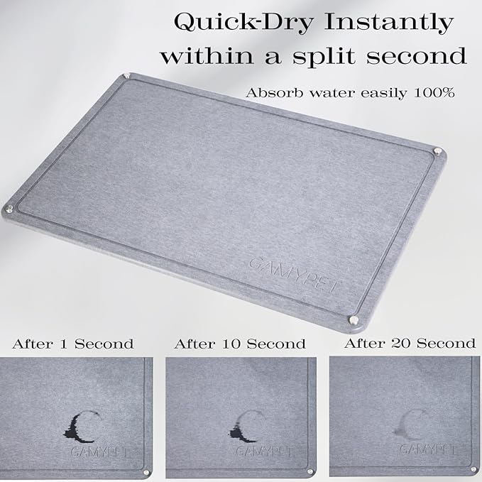 Stone Dish Drying Mat 24"×16" Large Diatomaceous Earth Dishes Quick Dry Pad for Kitchen Counter with Heighten Stainless Steel Feet, Fits Various Countertops & Drain Bowl Racks, Light Gray
