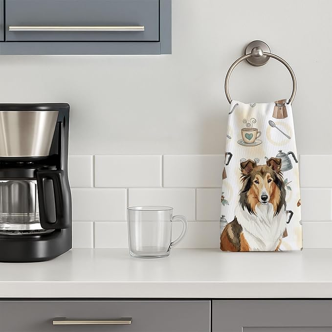 Caroline's Treasures Sable Collie Coffee Bar Kitchen Towel Velour Plush Front and Cotton Loop Back Machine Washable