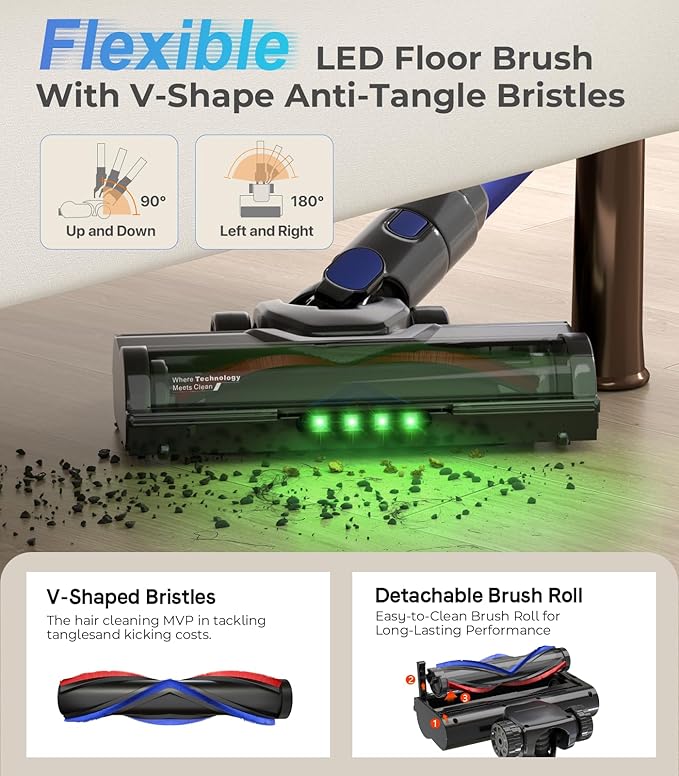 Cordless Vacuum Cleaner, 550W 50KPa 45Mins Vacuum Cleaners for Home, Self-Standing Stick Vacuum with Anti-Tangle Brush & LED Display for Hardwood Floors, Carpet, Pet Hair, Car