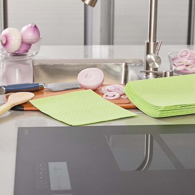 Restaurantware Swedish Dishcloths Pack of 200 Cellulose Reusable Absorbent Green Kitchen Towels, Washable Quick-Dry Dish Towels, Sustainable Cleaning Cloths Super-Absorbent Biodegradable Odorless