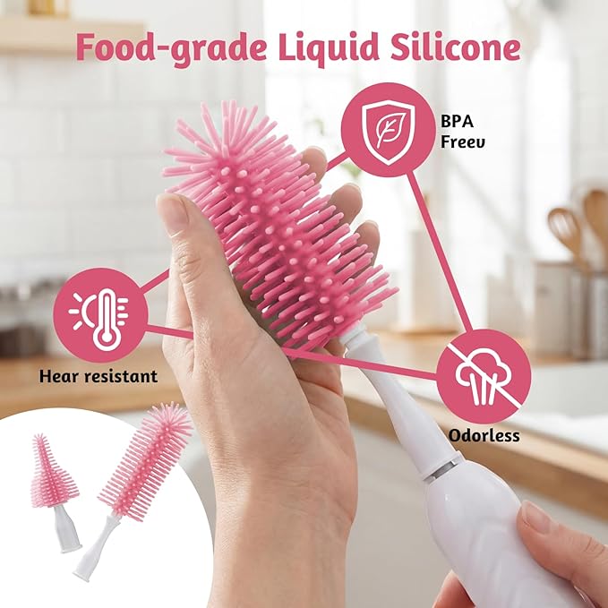 Electric Bottle Brush Cleaner with Drying Rack & LED Display, Rechargeable Baby Bottle Cleaning Kit, 360° Automatic Bottle Washer for Travel & Home, Silicone Spin Brush Set for New Parents, Pink