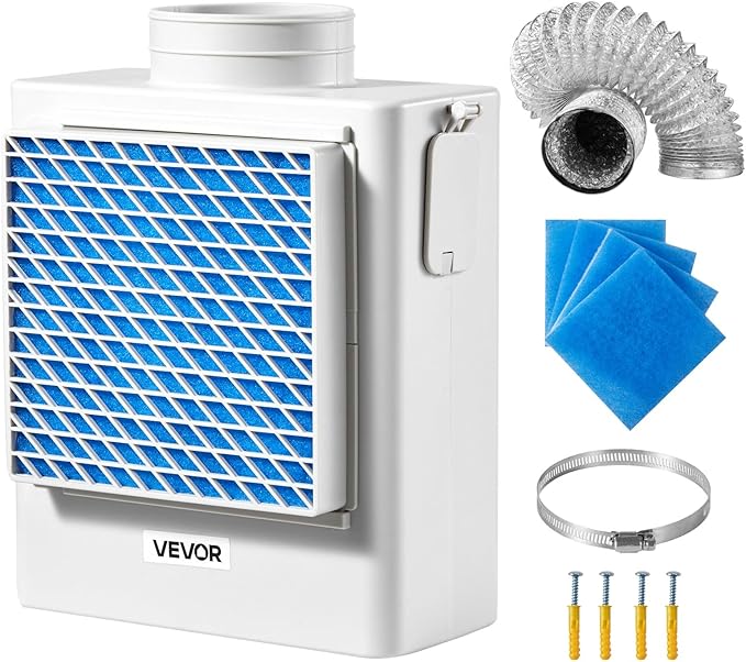 VEVOR 3-in-1 Indoor Dryer Vent Kit,Premium ABS Material Fits 4 inch Exhaust Port, Smart Overheating Reminder Exhaust Hood & Easy-to-Detach Mesh Cap & Multi-layer Purification with 4 Replacement Pads