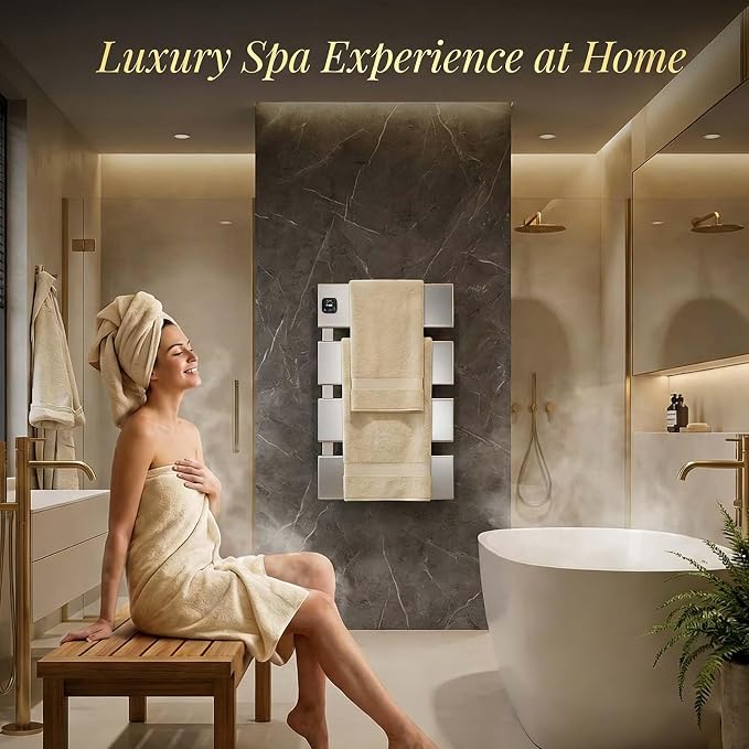 L Series Electric Towel Warmer for Bathroom, 4 Panel, Silver | Thermo Control and Timer, Fast Heat in 3 Mins, Dry Towels in 4 hrs, Memory Function, Work with Smart Plug, Left-Wiring