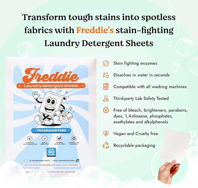 Freddie Laundry & Dishwasher 3x Bundle: 3 Pack of Fragrance Free Laundry Sheeets plus 1 pack each of Dishwashing Sheets
