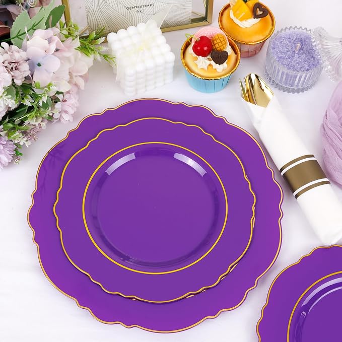 Liacere 350PCS Purple Plastic Plates-Disposable Purple and Gold Plates 50 guest Baroque Plastic Dinnerware include 100Plates,50Pack Pre Rolled Napkins with Silverware 50Cups for Wedding & Party
