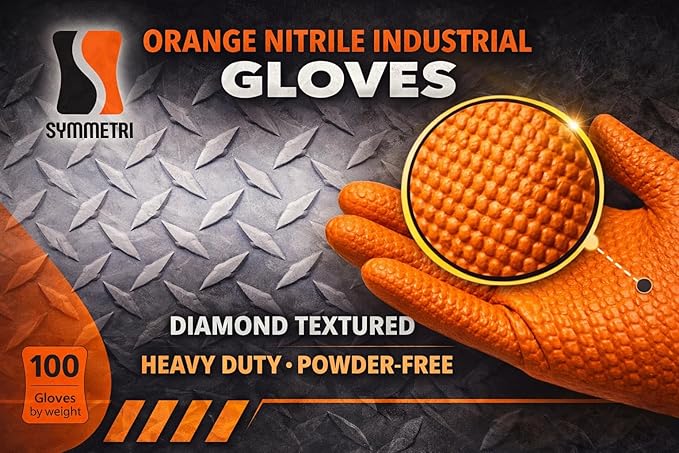 AroCare 8 Mil Orange Nitrile Gloves,3D Raised Diamond Texture-Latex & Powder Free-Industrial, Mechanic