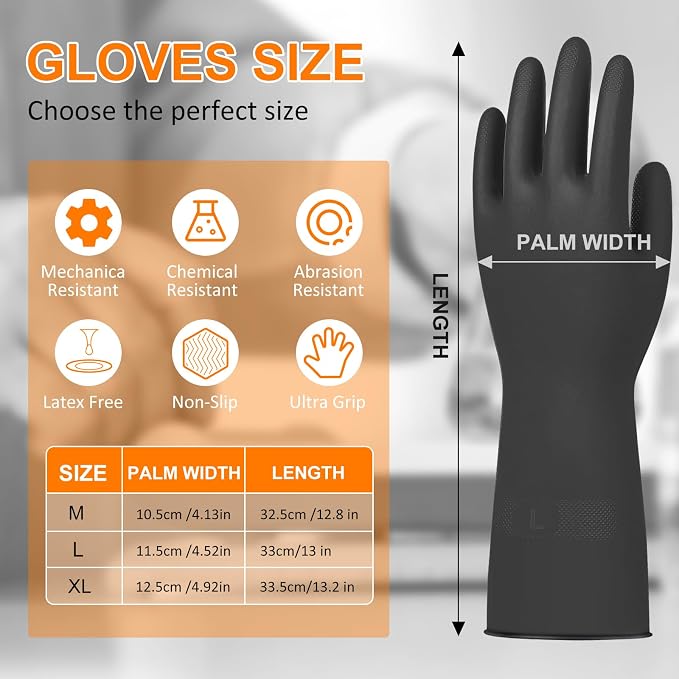 Beieverluck 10 Pairs Chemical Resistant Gloves, Reusable Heavy Duty Rubber Work Gloves with Textured Palm, Black Cleaning Dishwashing Gloves, Large