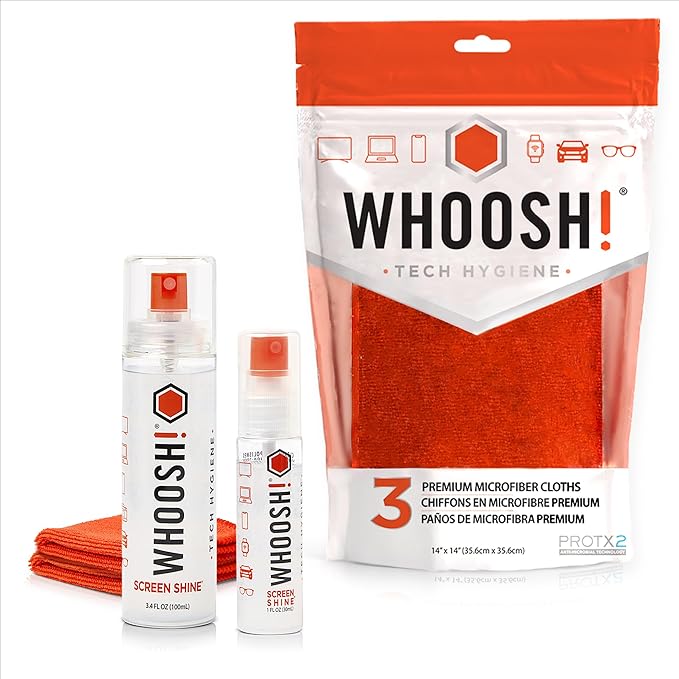 WHOOSH! Screen Cleaner Spray & Microfiber Cloths Bundle | 3.4 & 1 fl oz + 2 Microfiber Cloths (6x6) + 3 Microfiber Cloths (14x14)