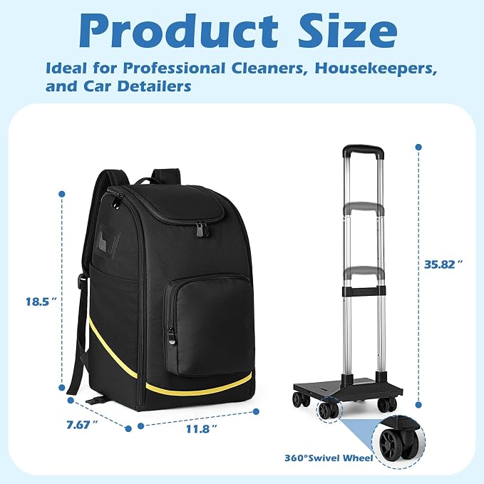 Rolling Cleaning Caddy Bag with Wheels, Large Cleaning Supplies Organizer Backpack with Detachable Trolley and Cleaning Apron for Housekeepers, Home, Hotel & Car Detailing