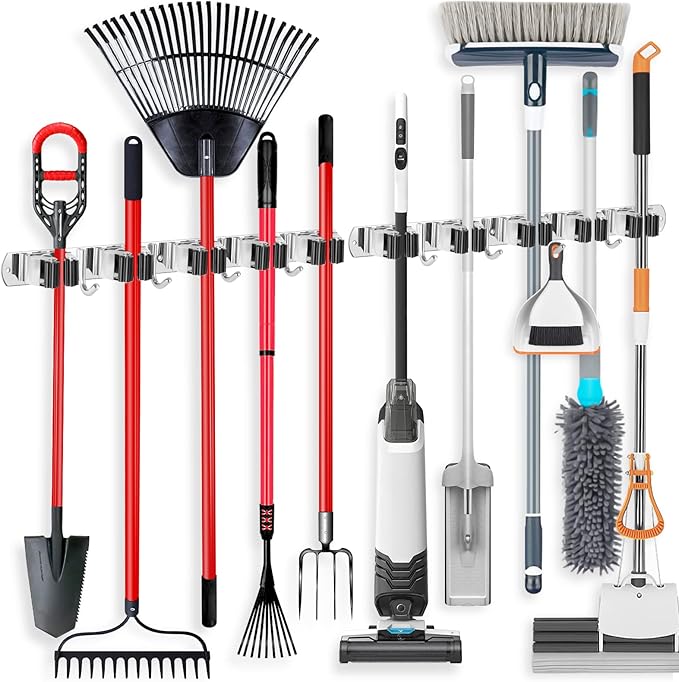 IMILLET 2 PACK Stainless Steel Mop and Broom Holder and 1 PACK Wooden Broom Holder