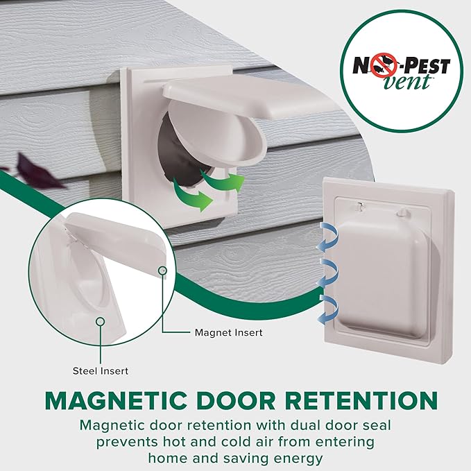 NO-PEST VENT, Exclusive Dual Door Dryer Vent Cover Outdoor 4 inch with Collar, Made in USA w Highest UV Resistant Plastic in any Outdoor Vent Cover (Light Grey, 4" Plastic WIth Collar)