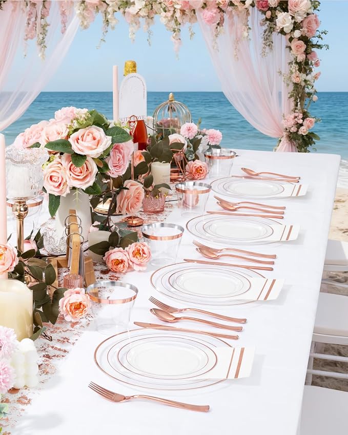 GATHER 700PCS Rose Gold Plastic Plates - Clear Rose Gold Rim Disposable Dinnerware Set Includes 200 Plates, 300 Silverware, 100 Napkins, 100 Cups for Party & Wedding