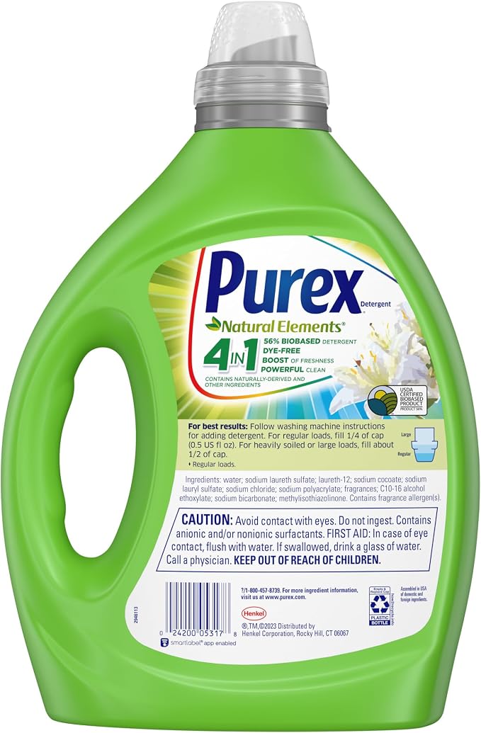 Purex Natural Elements Fresh Lilies & Linen Liquid Detergent, 82.5 oz, 165 Loads, Ultra-Concentrated, Dye-Free, USDA Certified Biobased Product (Pack of 2)