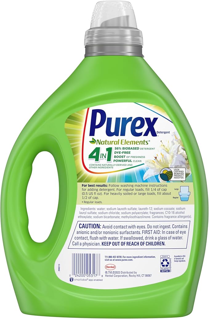 Purex Natural Elements Fresh Lilies & Linen Liquid Detergent, 82.5 oz, 165 Loads, Ultra-Concentrated, Dye-Free, USDA Certified Biobased Product